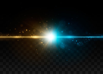 Collision of two forces with yellow and blue lights. Explosion concept. Isolated on black transparent background. Vector illustration, eps 10.