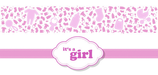 elegante und cleane Grußkarte zur Geburt für Mädchen in rosa mit Icons und Punkten