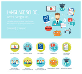 Foreign language learning web design concept for website and landing page. Foreign language school and courses. Web banner. Flat design. Vector