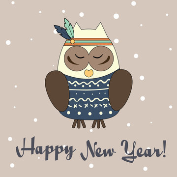 Boho owl in hand drawn style. Winter, seasonal greeting card, banner, vector background. Happy new year theme