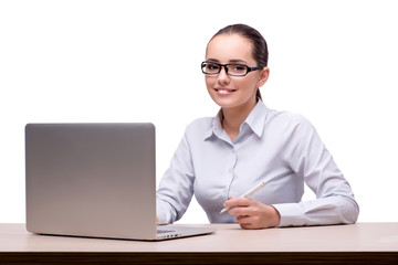Businesswoman working at her desk on white background