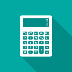 Calculator icon with long shadow. Flat design style. Calculator silhouette. Simple green icon. Modern flat icon in stylish colors. Web site page and mobile app design vector element.