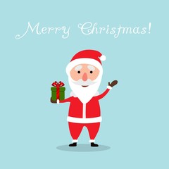 Merry Christmas.Santa Claus in Christmas time. Christmas greeting card. Blue sky background. Vector illustration.
