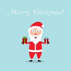 Merry Christmas.Santa Claus in Christmas time. Christmas greeting card. Blue sky background. Vector illustration.