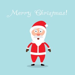 Merry Christmas.Santa Claus in Christmas time. Christmas greeting card. Blue sky background. Vector illustration.