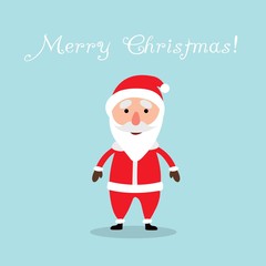Merry Christmas.Santa Claus in Christmas time. Christmas greeting card. Blue sky background. Vector illustration.