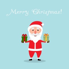 Merry Christmas.Santa Claus in Christmas time. Christmas greeting card. Blue sky background. Vector illustration.