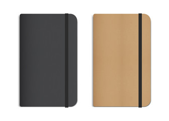 Realistic Black and Beige Notebooks with Elastic Bands. Vector