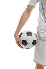 Professional football player holding ball on white background, closeup