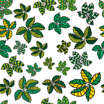 Seamless pattern with leaves. Hand-drawn vector illustration style doodles, zenart. For covers, placards, posters, flyers and banner designs. Printing onto fabric or paper.