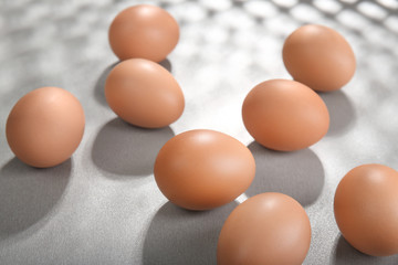 Raw eggs on grey background