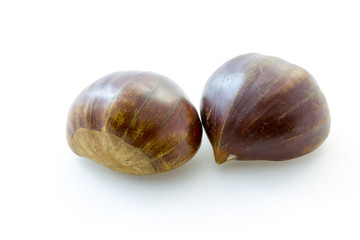 Two tasty uncooked chestnuts with white background