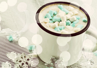 Hot chocolate, Christmas new year art decoration with blurred lights, beautiful festive toned image, selective focus
