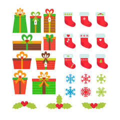 Christmas icons set. Gift boxes, snowflakes, holly berries, Chri