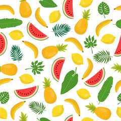 Seamless pattern with bananas, pineapples, tropical leaves and l