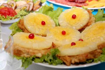 Tasty dishes on served wedding table