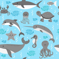 Naklejka premium Seamless pattern with cartoon sea life animals. Sea theme. Under