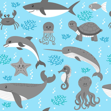 Seamless pattern with cartoon sea life animals. Sea theme. Under