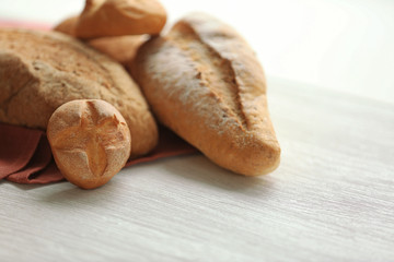 Variety of breads on a white table