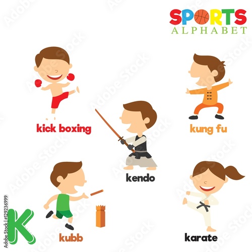 "Cute Sports alphabet in vector with K letter. Funny cartoon sports