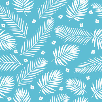 Tropical white palm tree leaves seamless pattern. Cute backgroun