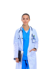 Fototapeta premium Female doctor with clipboard, isolated on white background
