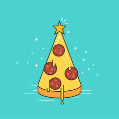 Pizza Christmas tree with star on top. Flat design vector illustration. - 129238357