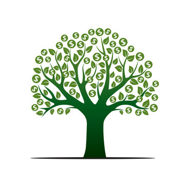 Green Vector Tree and Sign of Dollar. Vector Illustration.