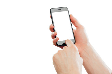 Hands holding smartphone, isolated on white