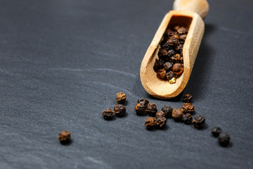 black pepper and salt on rustic stone background. Overhead view food photography