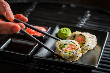 Fresh healthy made of salmon and avocado