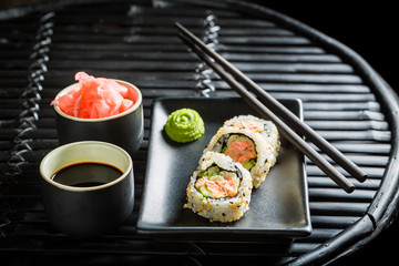 Fresh California Maki sushi made of salmon and avocado