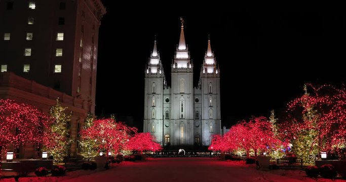 Salt Lake City LDS Temple Christmas night. The Church of Jesus Christ of Latter-day Saints, LDS or Mormon Church. Christmas holiday season, colorful lights. Headquarters.