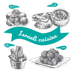 Monochrome vector illustration of israeli cuisine.