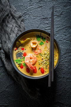 Yummy Tom Yum soup with shrimps and coconut milk
