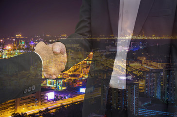 scene of businessman shakehand for commit industry cityscape - can use to display or montage on product