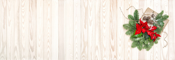 Christmas decoration Pine branches poinsettia flowers banner