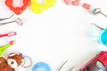 prevention and care children's teeth white background top view