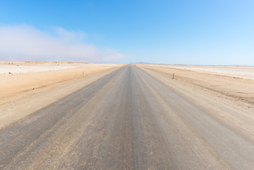 Fototapeta na wymiar Salt road crossing the Namib desert, in the majestic Namib Naukluft National Park, best travel destination in Namibia, Africa. From Walvis Bay to Swakopmund, Henties Bay and the Skeleton Coast.