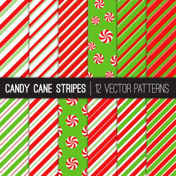 Candy Cane Stripes and Peppermints Vector Patterns in Red, Green and White. Popular Christmas Background. Variable thickness diagonal lines. Pattern Swatches Made with Global Colors.