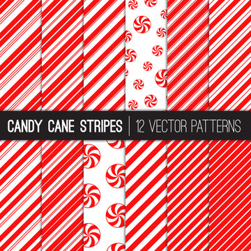 Candy Cane Stripes and Peppermints Vector Patterns in Red and White. Popular Christmas Background. Variable thickness diagonal lines. Pattern Swatches Made with Global Colors.