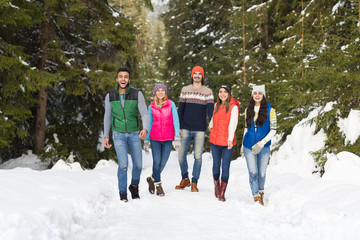 People Group Snow Forest Happy Smiling Young Friends Walking Outdoor Winter Pine Woods
