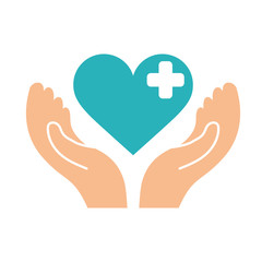 hands with blue medical heart with cross over white background. colorful design. vector illustration