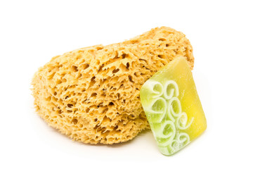 Natural yellow cleaning sponge with handmade soap bar