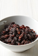 Organic raisins in white bowl