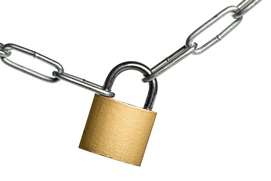 Brass padlock connecting two chains over white background