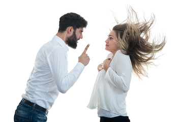 Angry couple shouting at each other on white background