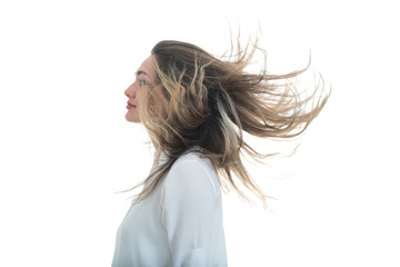 the girl with the developing hair on a white background