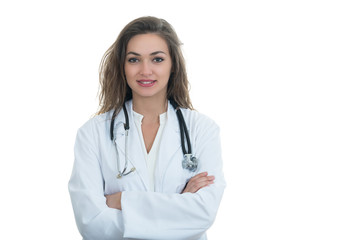 Portrait of young friendly beautiful female doctor
