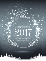 Shiny Christmas ball for Merry Christmas 2017 and New Year on holiday background with winter landscape with snowflakes, light, stars. Vector eps illustration